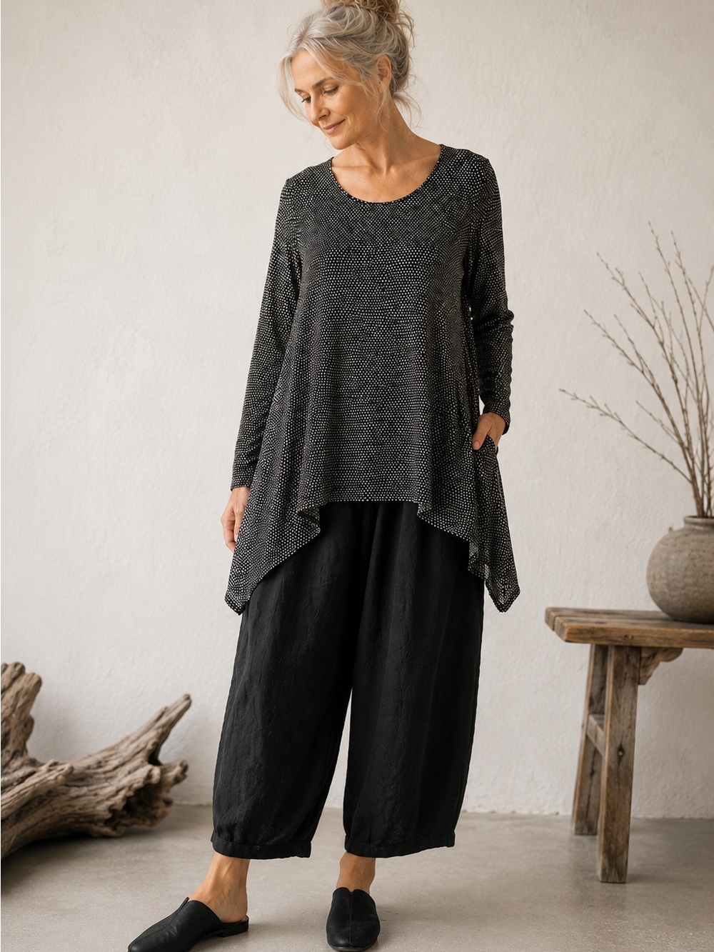 Bryn‎ Walker Black & White Polka Dot Stretch Knit Top Sharkbite Asymmetric Hem